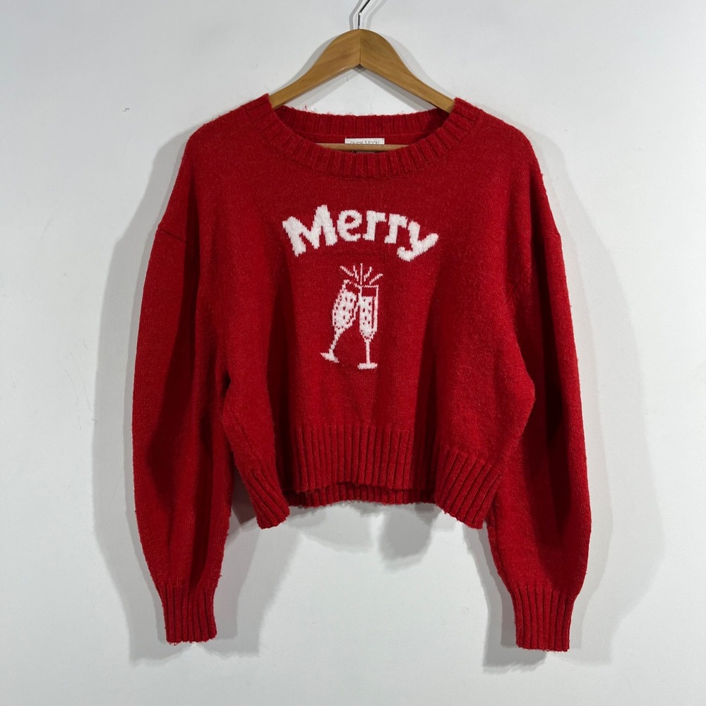 Ruby Moon Red Merry Champagne Flutes Cropped Holiday Sweater Womens XL Christmas
